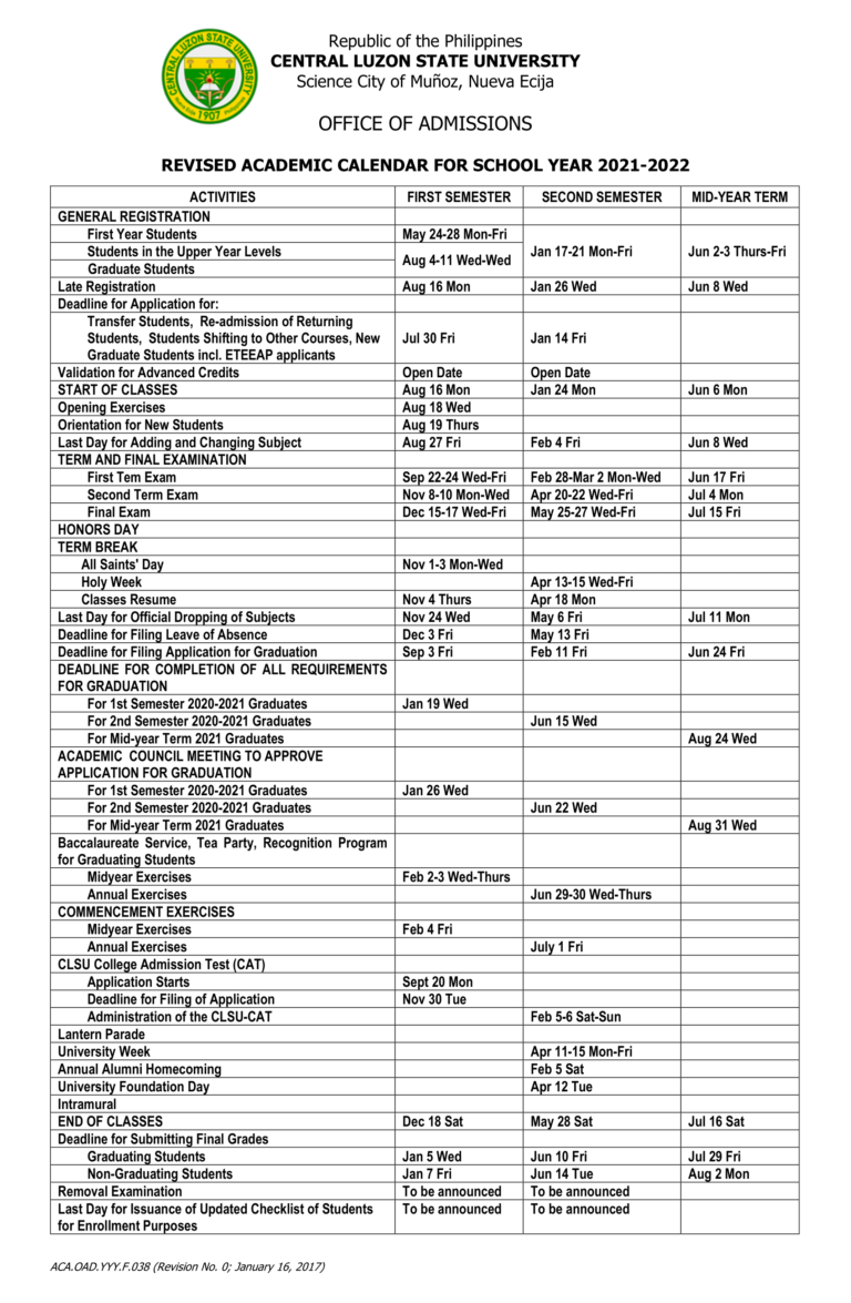 ACADEMIC CALENDAR CLSUADMISSIONS