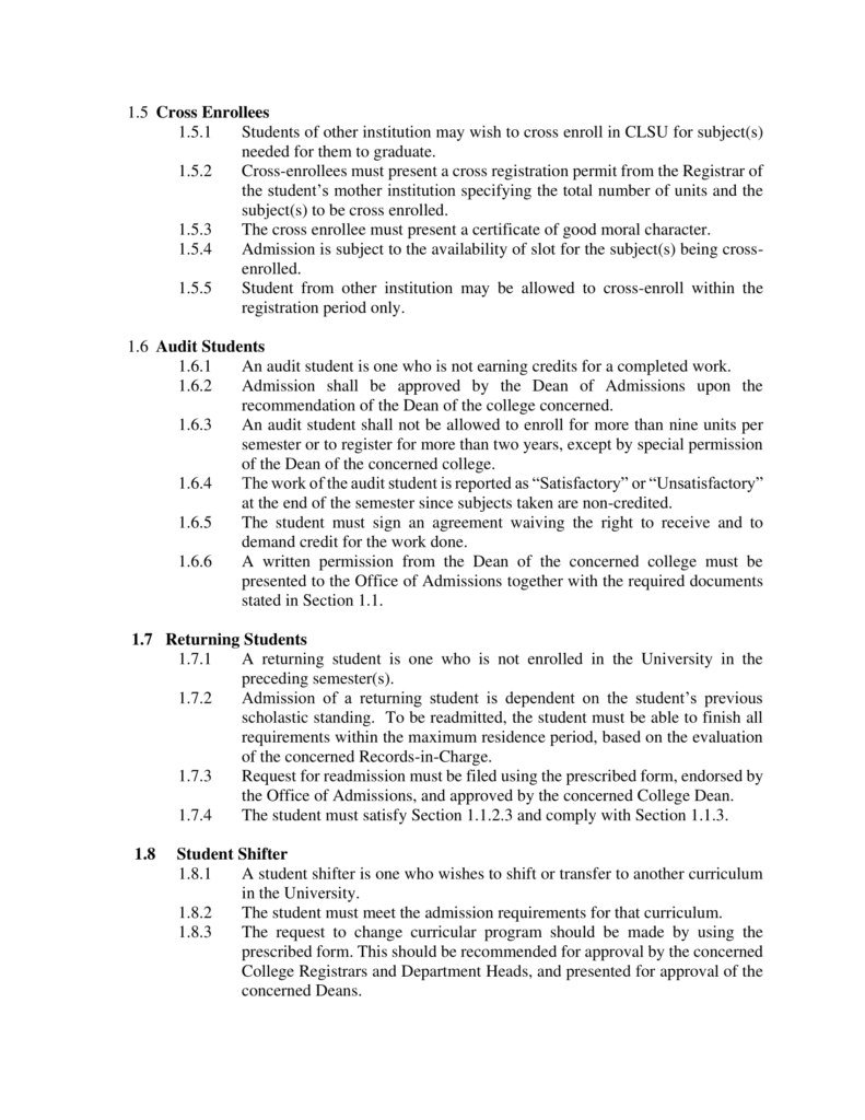 ACADEMIC REGULATIONS AND PROCEDURES – CLSU-ADMISSIONS