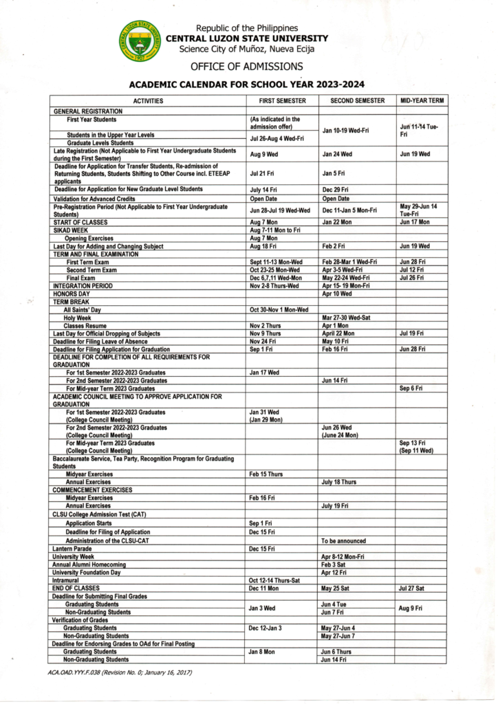 ACADEMIC CALENDAR – CLSU-ADMISSIONS